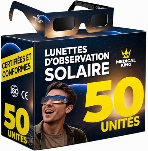 Lunettes Eclipse Solaire 2026 – Lot de 50 Paires Premium avec 2 Filtres Solaires pour Smartphone, Lunettes Eclipse Solaire ISO 12312-2, Certifiées CE, Protection des Yeux pour l'Observation du Soleil