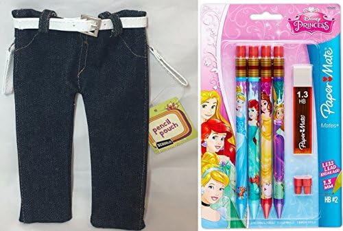 Schoolio Denim Jean Pants Pencil Pouch with Belt and 4-Pack Disney Princess 1.3mm Mechanical Pencils