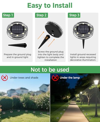LOTMOS Pack of 12 Solar Ground Light, 8 LED Solar Outdoor Garden Light, IP68 Waterproof, Outdoor Solar Spotlight for Paths, Lawns, Patios, Driveways, Yards, Swimming Pools, Walkways, Warm White