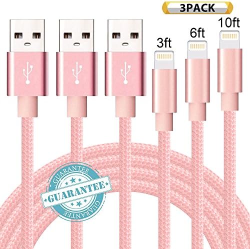 DANTENG Lightning Cable 3Pack 3FT 6FT 10FT Nylon Braided Certified iPhone Cable USB Cord Charging Charger for Apple iPhone X, 8, 7, 7 Plus, 6, 6s, 6+, 5, 5c, 5s, SE, iPad, iPod Nano, iPod Touch (Pink)