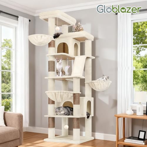 Globlazer Beige XXL Cat Tree Large 204 cm with 2 Huge Padded Platform 50 x 30 cm, 2 Large Kennels, 3 Soft Baskets, Sisal Board, Stable Cat Trees for 3-5 Cats Indoor (S80G, Beige)