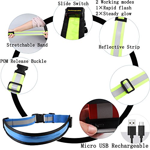 LED Light Up Running Belt Reflective Waist Belt USB Rechargeable Safety Lights Fully Adjustable Elastic Glowing Band & High Visibility Gear for Running Walking Cycling, Fits Women Men & Kids (Blue)