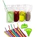Deluxe 50-Pcs Disposable Drink Pouch Set by DYLEX – Drink Containers w/Gusset Bottom & Reclosable Zipper for Cold & Hot Drinks – Reusable Bag for Smoothies – Includes 50 Straws & Funnel