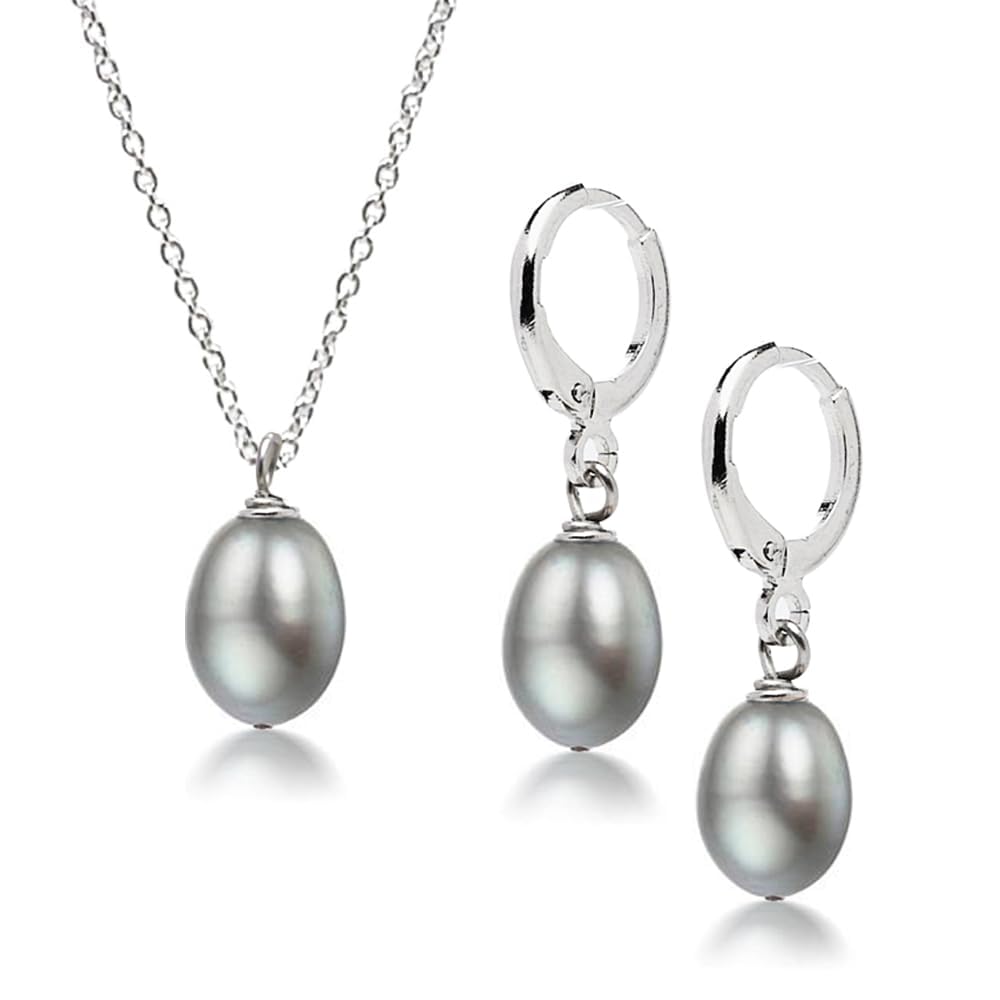 Treasure Bay Pearl Pendant Necklace Earrings Set for Women - Pearl Necklace Pendant on Chain with Dangle Drop Earrings for Women Ladies Girls (GREY)