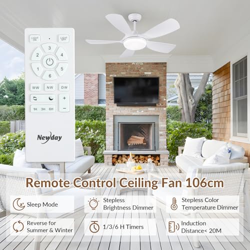 Newday 42 White Ceiling Fan with Remote Control, Dimmable LED, Reversible 5 Blades, Quiet DC Motor, 6 Speeds, Memory Function for Bedroom, Living Room, Patio