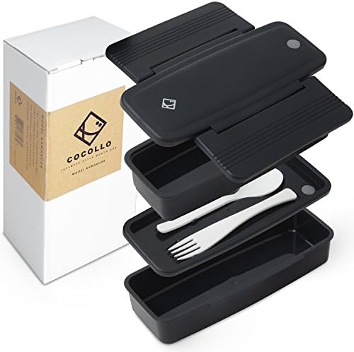 Stackable Black Bento Box with Utensils - Microwave, Dishwasher, Freezer Safe, BPA Free FDA Approved, Black 750ml Capacity Japanese Style