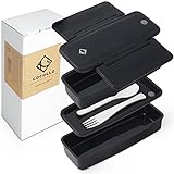 Stackable Black Bento Box with Utensils - Microwave, Dishwasher, Freezer Safe, BPA Free FDA Approved, Black 750ml Capacity Japanese Style