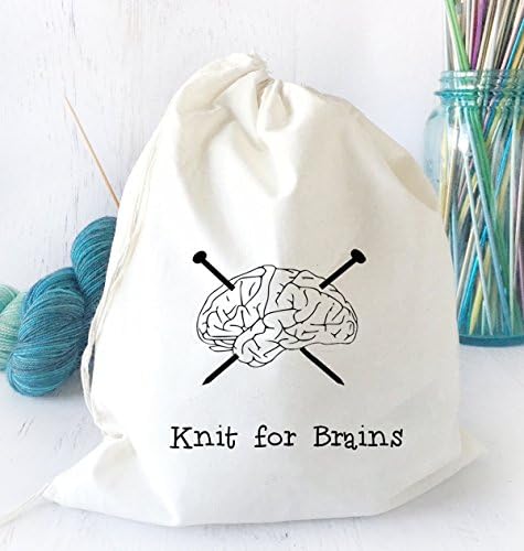 Small Fabric Sock or Shawl Knitting Project Tote Bag with Loop & Drawstring Knit for Brains
