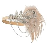 1920s Gatsby Flapper Feather Headband 20s Accessories Crystal Beaded Wedding Headpiece (1-Pink)