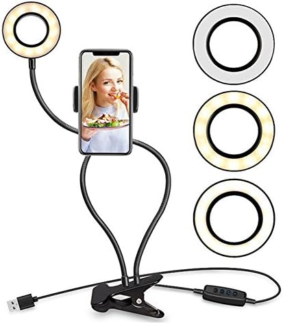 OWIKAR Cell Phone Holder with Selfie Ring Light for Live Stream, Dimmable 3 Light Mode with Flexible Arms Phone Clip Holder Lazy Bracket Desk Lamp for Bedroom, Office, Kitchen, Bathroom (Black)