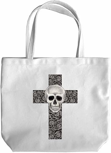 Amazon ノーブランド品 十字架 クロス 花柄 スカル トートバッグ Mサイズ ノーブランド品 トートバッグ