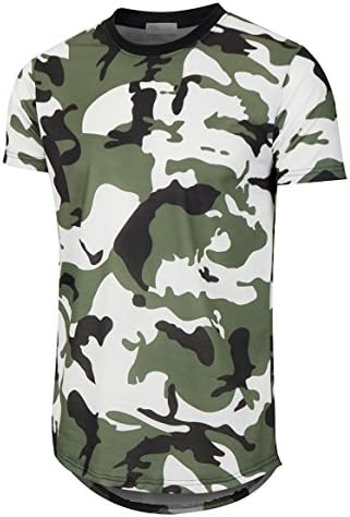Mens Hipster Hip Hop Elong Round Hemline Crewneck Camouflage T-Shirt (Army Green 01, Large)