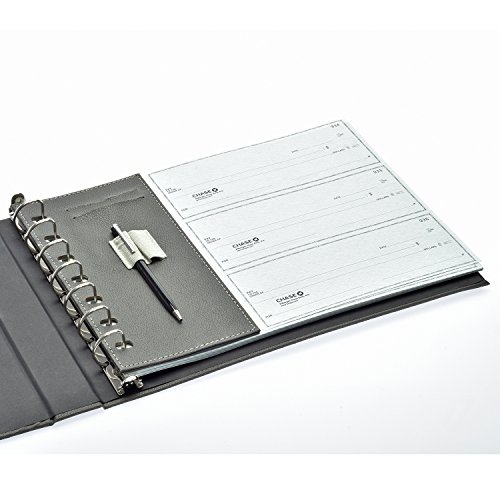 Business Check Binder for 3 On A Page Checks - 7 Ring Executive Binder with Stationary Storage Pouch, Calendar, Pen and Card Holders, Grey