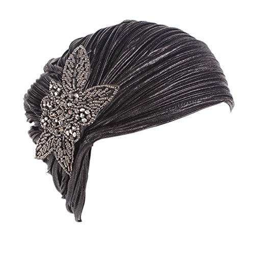 CHUANGLI Women's Noble Ruffle Turban Hat Glitter Pleated Stretch Head Wraps Chemo Cap Black - Thumbnail 4