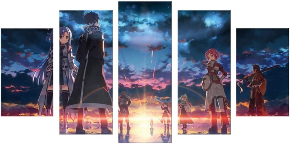 tealn 5 Piece Canvas Printed Decorative Poster Wall Art 5 Panel Anime Sword Art Online Canvas Painting Pictures(M H03)