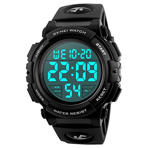 SKMEI Large Face Digital Mens Watch Sports Waterproof LED Military Wristwatches Chronograph Alarm Clock (Black)