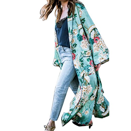Snowfoller Clearance! Sexy Summer Cardigan, Women Bohemian Floral Tassel Long Loose Shawl Kimono Nightgown Beach Coat Tops (XXXL, Green)