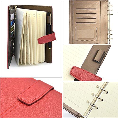 Leather Planner 6 Ring Binder Journal Pu Cover Daily Day Planner Refillable A5 Divider Inserts 2018 2019,lined Undated,164 Lined Beige Pages,8.11x5.5Inches by izBuy (Red) - Thumbnail 2