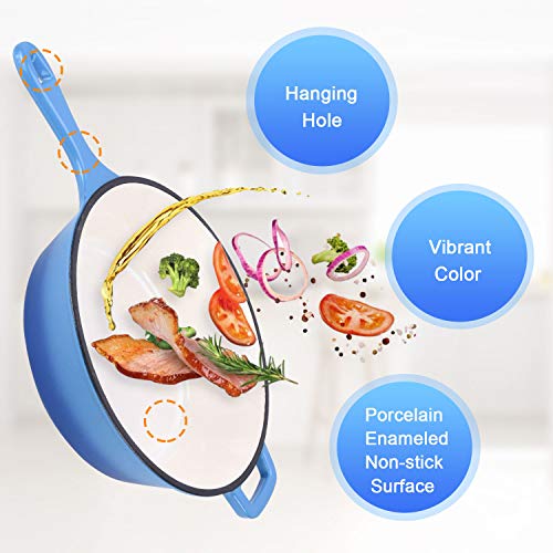 Enameled 2-In-1 Cast Iron Multi-Cooker - Heavy Duty 3.2 Quart Skillet and Lid Set, Versatile Healthy Design, Non-Stick Kitchen Cookware, Use As Dutch Oven Frying Pan (Blue)
