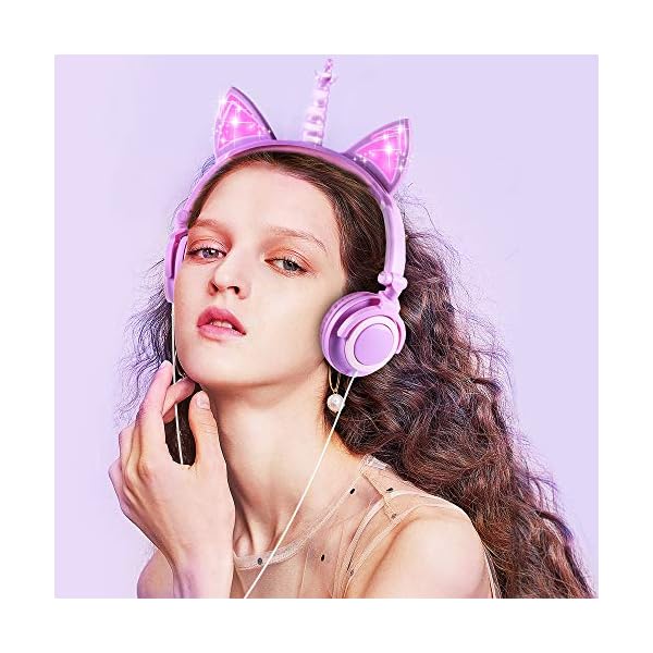 Unicorn-Kids-Headphones-Glowing-Cat-Ear-Headphones-with-85db-Volume-Limit-Foldable-Headphones-for-Kids-GirlsPurplePink esonstyle Unicorn Kids Headphones, Glowing Cat Ear Headphones with 85db Volume Limit, Foldable Headphones for Kids Girls…