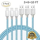 Lightning Cable, 3Pack 3FT 6FT 10FT Nylon Braided Charging Cable Cord Lightning to USB Cable Charger Compatible with iPhone 7/ 7 Plus/6/6s/6 plus/6s plus/ 5s/5c, iPad, iPod and More (White Blue)