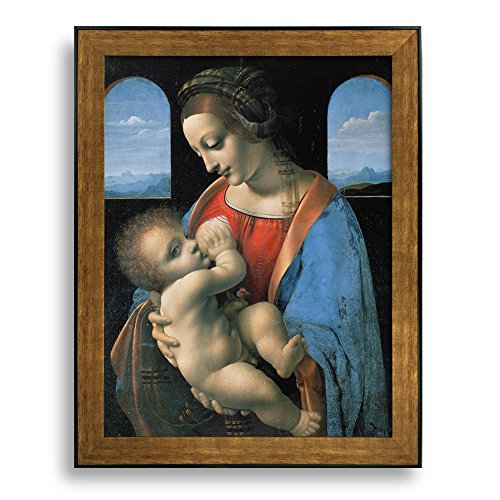 Framed Art Madonna Litta by Leonardo da Vinci Famous Painting Wall Decor Bronze and Black Frame