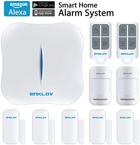 ENKLOV WiFi/PSTN DIY Home Security Alarm System Kit with Door/Window Sensor,PIR Motion Sensor,Remote Tag,Compatible with Alexa and MIPC Security Camera, App Remotely Control(IOS&amp;Android)