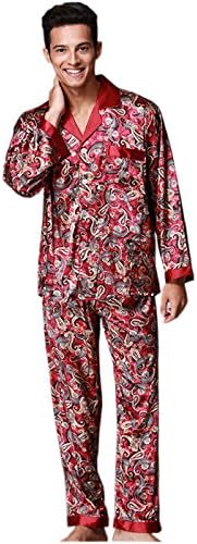 YUAKOU Men's Long Sleeve Satin Dragon and Phoenix Pattern Silk Sleepwear Loungewear Pajama Set