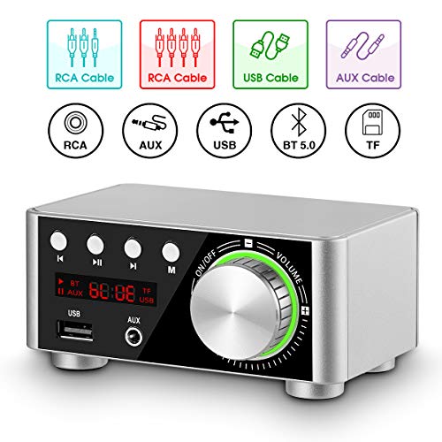 Nobsound 100W Mini Bluetooth 5.0 Power Amplifier Hi-Fi Stereo Class D Audio Amp 2.0 Channel Wireless Receiver Lossless Music Player TF USB Home Speaker (Silver)