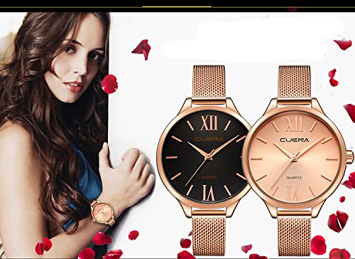 CUENA Women Classic Quartz Watch, Roman Numeral Business Casual Wrist Watch Waterproof 30M, with 33mm Dial Face Three-hand Movement Slim Mesh Band (Rose Gold)