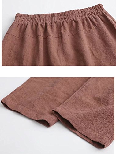 Minibee Women's Elastic Waist Casual Crop Linen Pull On Pants Wine 2XL - Thumbnail 6