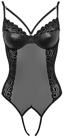Orion Body - sexy Reizwäsche mit offenem Schritt, Einteiler für Frauen aus Powernet mit Flock-Print, verführerischer Body, sc