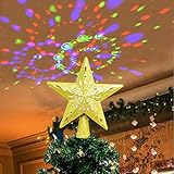 OurWarm Christmas Tree Topper Lighted Star Tree Topper Gold Christmas Tree Star with Adjustable Rotating Magic Rainbow Projector Lights, 3D Hollow Star Tree Topper for Christmas Tree Decorations