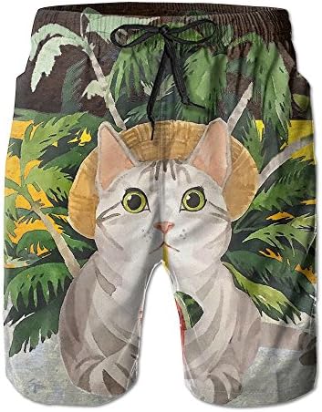 Cute Cat Is Drinking Juice With Plam Trees Swim Trunks Quick Dry Beach Board Shorts Men Pants Household Shorts