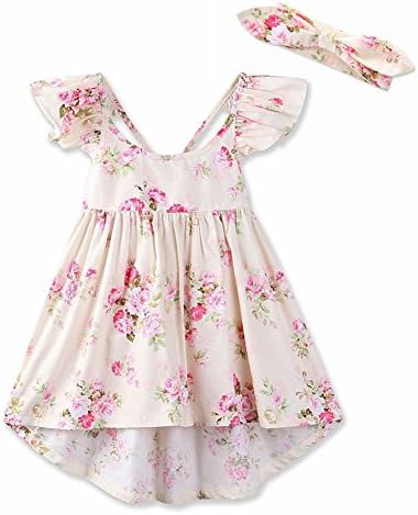 Arbag Summer Girl Bandage Backless Party Dress Sweet Floral Print Casual Dress (3T, Beige)