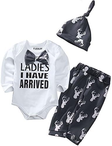 3Pcs Infant Baby Girl Boy Coming Home Outfit,Ladies I Have Arrived Bodysuit+Deer Long Pants with Hat Newborn Set