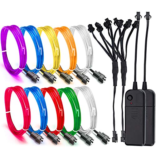 EL Wire, ESCOLITE EL Wire Kit Neon Lights Battery Pack Christmas Tree,Easter Halloween DIY Decoration,Home Deco 5 1-Meter, 1m / 3ft (2 Pack,8 Colors-BWPGRYLO)