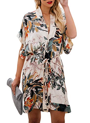 Elapsy Womens Summer Sexy V Neck Flower Pattern Kimono Boho Style Party Shift Dress Multicolor Large