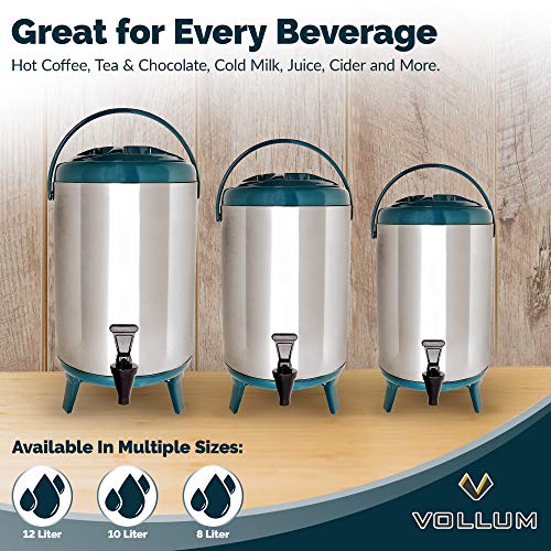 Vollum Stainles Steel Insulated Beverage Dispenser - Insulated Thermal Hot and Cold Beverage Dispenser - 12 Liter Drink Dispenser with Spigot for Hot Tea & Coffee, Cold Milk, Water, Juice & More TEAL - Thumbnail 4