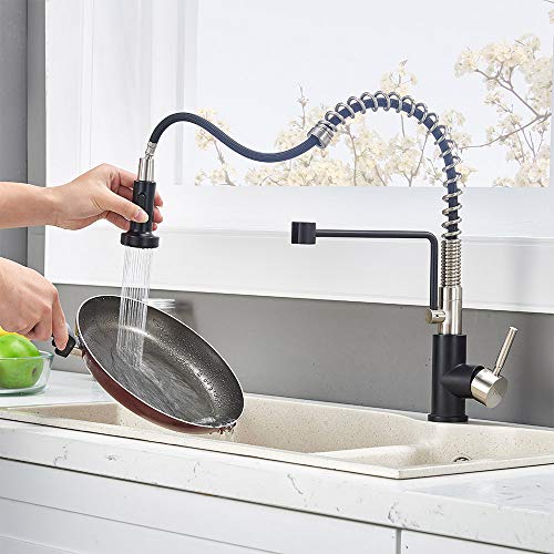 Friho Lead-Free Commercial Brushed Nickel & Matte Black Stainless Steel Single Handle Single Lever Pull Out Spring Bar Sink Kitchen Faucet, Kitchen Sink Faucets with Pull Down Sprayer - Thumbnail 5