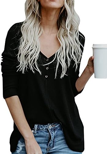 Beautife Womens Henley Shirts Fall V Neck Button Long Sleeve Loose Casual Knit Sweaters Tops