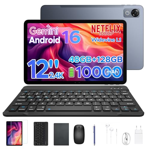 Luzglo P12 Android 16 Tablet 12 Inches, T7280 Octa-Core, 48GB RAM+128GB ROM/2TB TF, IPS 2.4K Display 120 Hz, 10000 mAh, WiFi5, 8MP+13MP, Gemini AI, Tablet with Keyboard, Face ID/GPS/OTG/FM, Grey