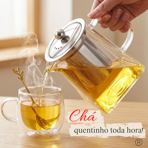 Chaleira de Vidro Borossilicato com Infusor Removível e Tampa em Aço Inox – Bule de Chá 2 em 1, Jarra de Vidro com tampa, para Chá e Infusões, Bebidas Quentes e Frias - Presente Sofisticado (950ml)