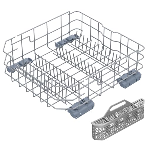 UPGRADED WD28X26099 Dishwasher Lower Dishrack Assembly Compatible with GE Dishwasher Rack Replacement Parts and WD28X10128 Dishwasher Silverware Basket,WD28X26099 for GE Dishwasher Lower Rack Parts