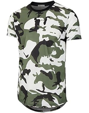 Mens Hipster Hip Hop Elong Round Hemline Crewneck Camouflage T-Shirt