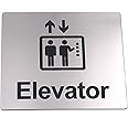 OriginDesigned Elevator, Sign Silver Adhesive Sticker Notice, Metallic Silver Engraved Black with Universal Icon Symbol and Text (Size 5 inches x 4 inches)