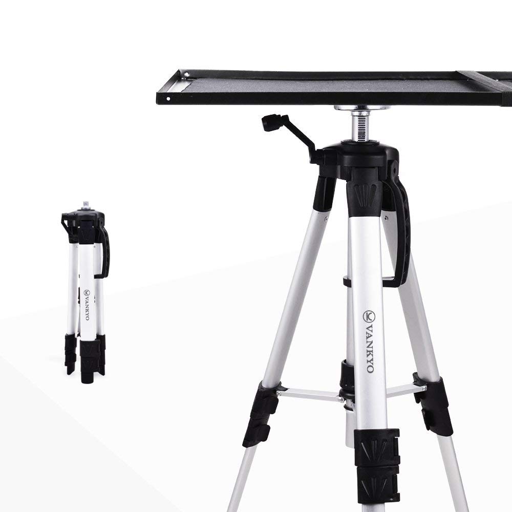 VANKYO Aluminum Tripod Projector Stand, Adjustable Laptop Stand, Multi-Function Stand, Computer Stand Adjustable Height 17'' to 46'' for Laptop with Plate and Carrying Bag (1-Silver)