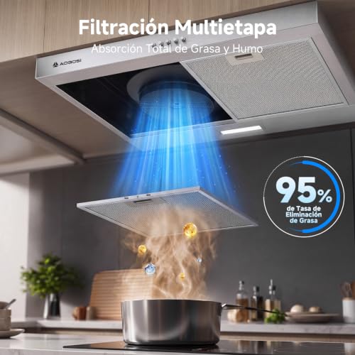 AAOBOSI A++ Campana Extractora 60 cm, 3 Niveles de Potencia, 230m³/h Extractor Cocina, Filtro de Carbón, Iluminación LED, Acero Inox Silver