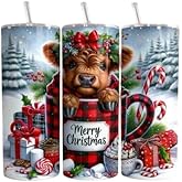 Products Innovations Personalized Merry Christmas Baby Highland Cow Tumbler 20 oz Stainless Steel Tumbler with Lid and Straw Cup Mug, Novelty Coffee Mugs