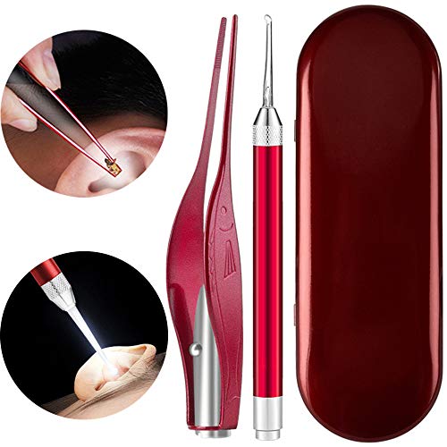 2 Pack Ear Wax Removal Tool with Light - Ear Pick Cleaner Kit for Humans, Earwax Spoon Digger & Tweezers for Ear Health Care Gift Set with Case (Red)